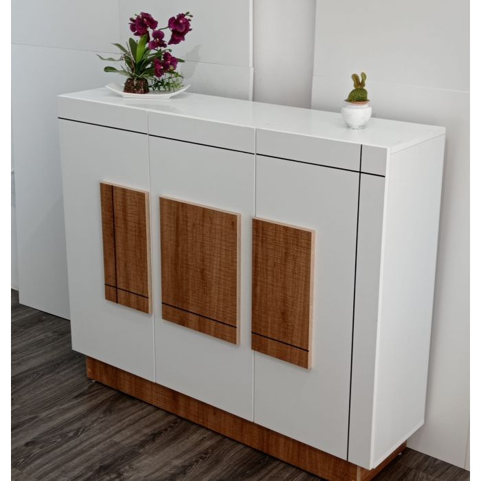 WOW kitchen – Meuble à chaussures 3 portes – Blanc avec panneaux beige